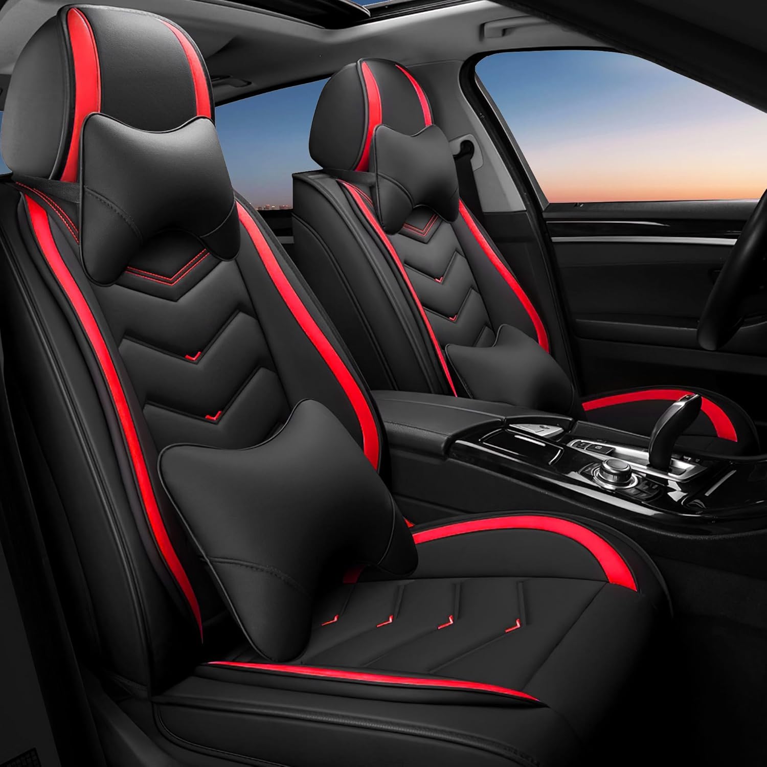 Car Seat Covers Fit for Ford F-150/F-250/F-350 2009-2026, Stylish Sport Seat Cover, Waterproof Wear-Resistant Premium Car Seat Cover，Ford F-150 Seat Covers. (2 Pcs Front with Pillow/Black Red)