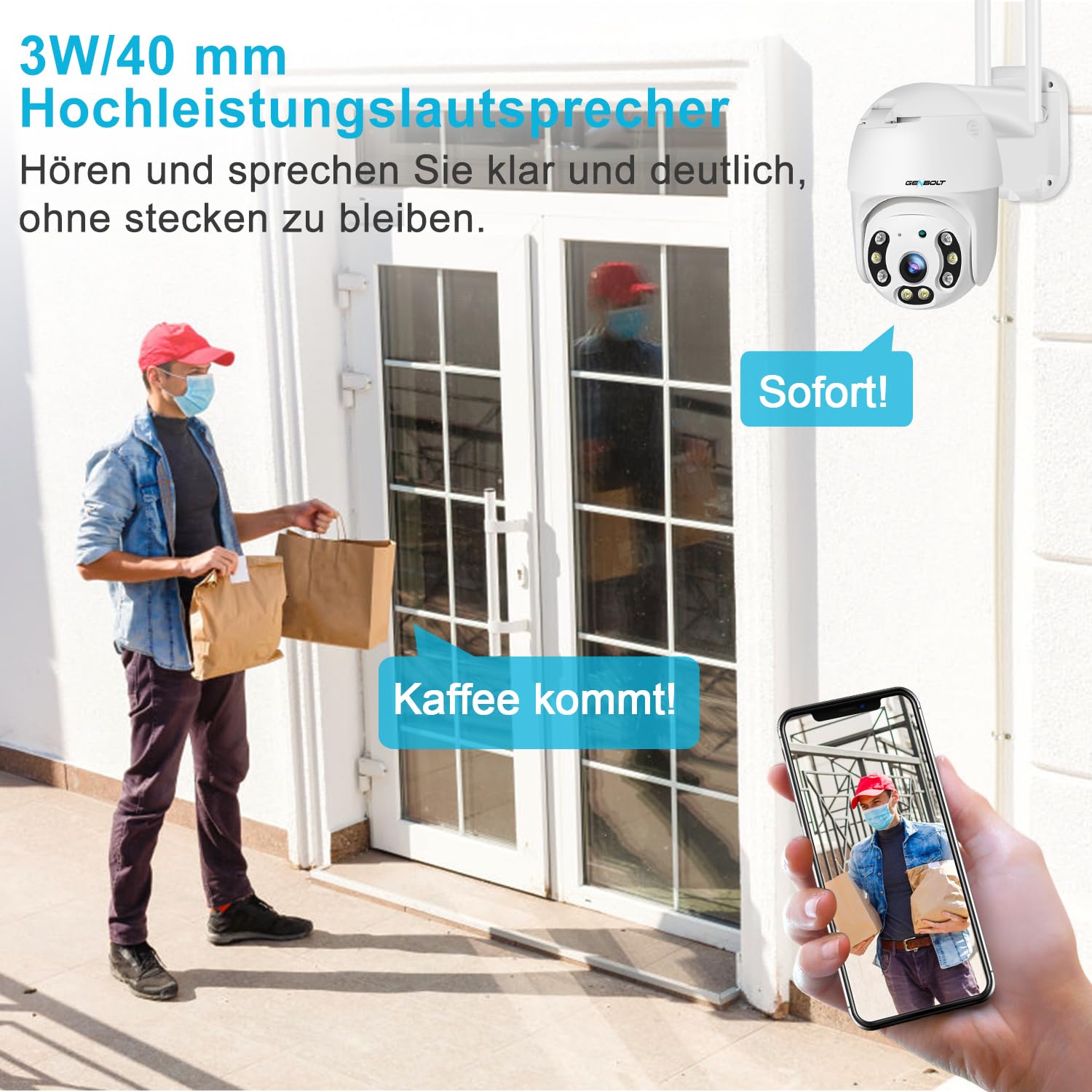 GENBOLT 2,5K Überwachungskamera Aussen WLAN, CCTV IP WiFi Camera Outdoor | 2,4/5GHz WiFi,Kabellose Dome PTZ, 355°/90° Schwenkbar, Automatische Verfolgung, Mit Licht