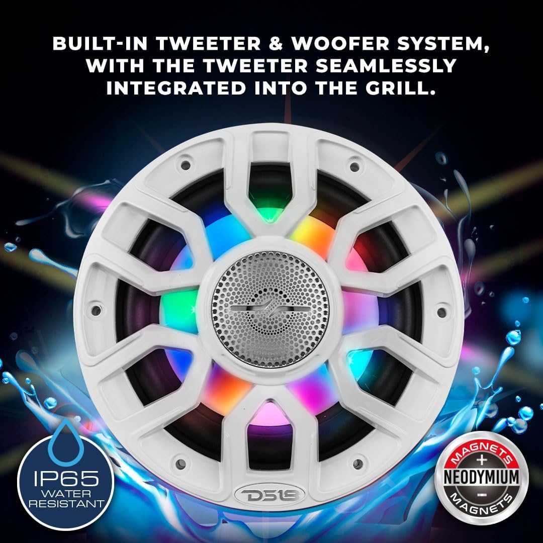 DS18 NXL-IQ6/BK 6.5" 2-Way Coaxial Marine Speaker with Digital Led Lights and Bullet Tweeter 150 Watts 4-Ohm, Water Resistant IP65, Pair