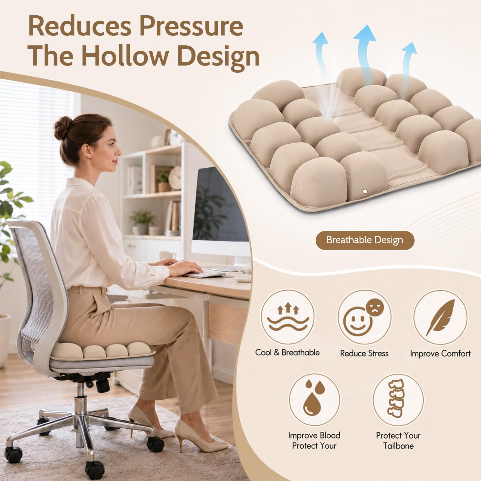 Cuscino antidecubito da 44 x 42 cm, con 30 camere d'aria, ortopedico, ergonomico, gonfiabile, per alleviare il carico del coccige quando si è seduti a lungo, per auto, ufficio, casa, sedia a rotelle e