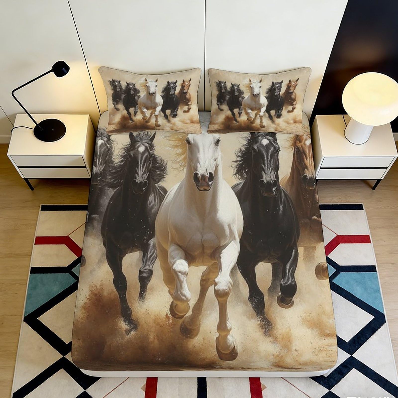 3D Printed Running Horse Fitted Sheet Microfiber Soft Bedroom Decor Wild Stallion Mattress Cover for Home Dorm 160x200x25cm