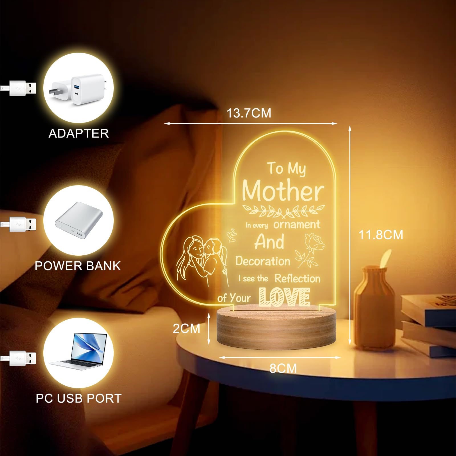 Lampada notturna con illusione 3D, regalo di compleanno per la mamma, con parole toccanti, regalo di compleanno per la mamma, regalo per la mamma da parte di figlia, figlio, idea regalo per mamma,
