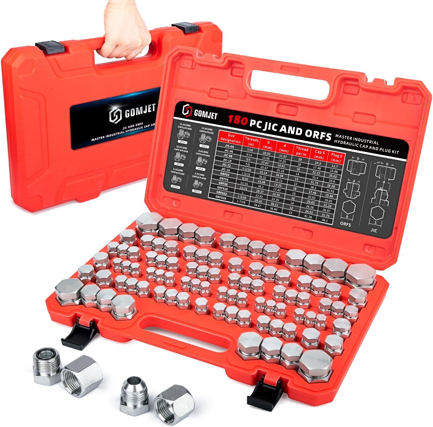 180 PC JIC and ORFS Master Industrial Hydraulic Cap and Plug Hose Tube and Pipe Fitting Kit Cap and Plug Kit Precision Threading in ORFS and 37° Dash Sizes 4 6 8 10 12 16