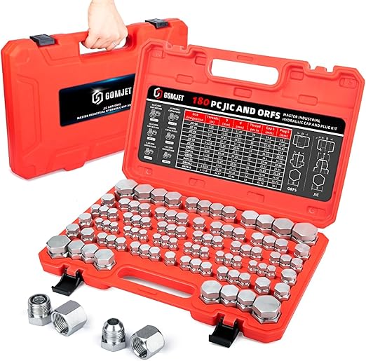 180 PC JIC and ORFS Master Industrial Hydraulic Cap and Plug Hose Tube and Pipe Fitting Kit Cap and Plug Kit Precision Threading in ORFS and 37° Dash Sizes 4 6 8 10 12 16