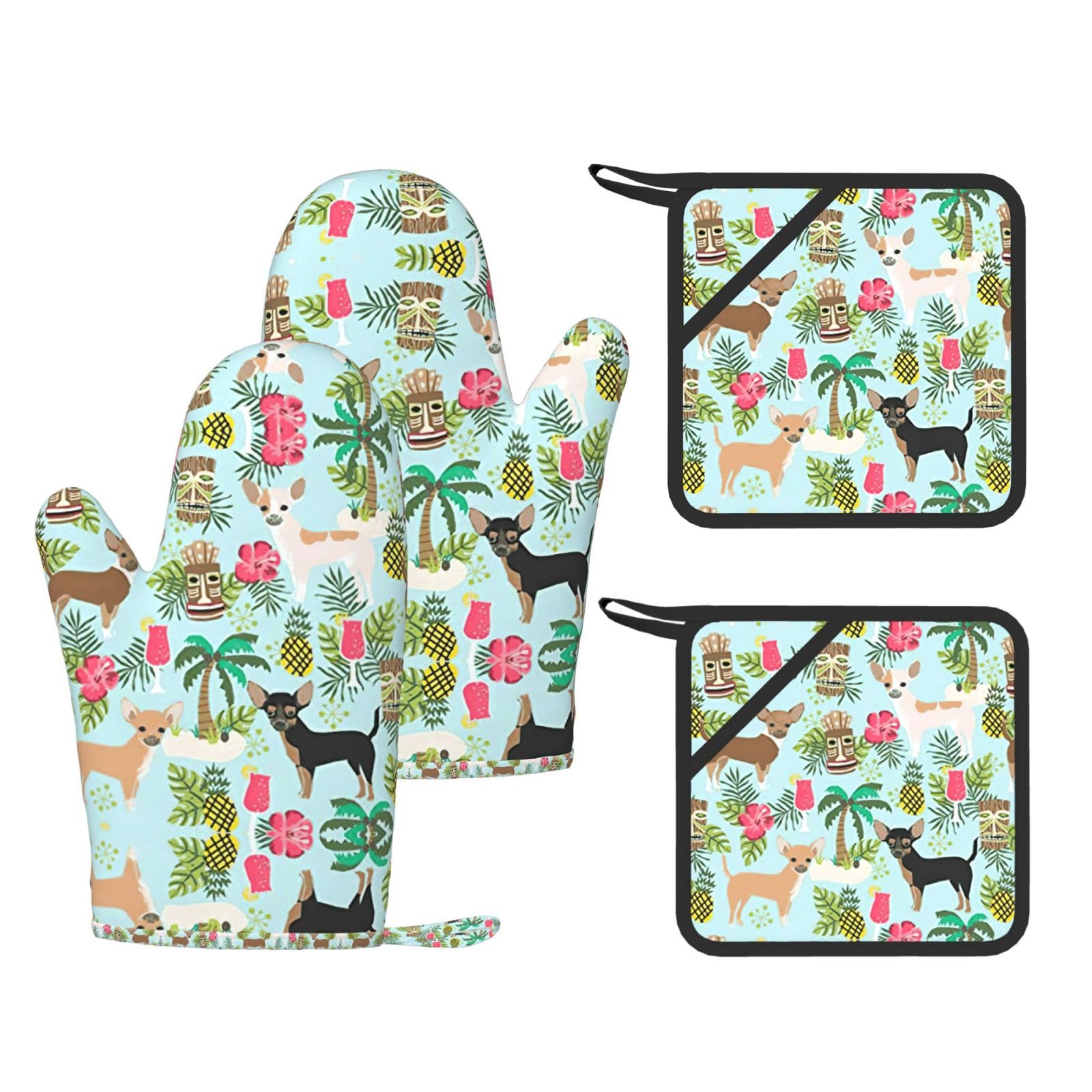 Dog Pineapple Printed Pot Holders and Oven Mitts 4-Piece, Non-Slip Kitchen Gloves with Utensil Pocket for BBQ