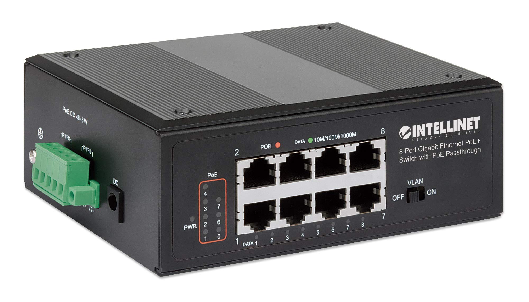 Intellinet Industrial 8-Port PoE Passthrough Gigabit Ethernet Switch - with 1 x Gigabit PoE Input, 7 x Gigabit PoE Output, 120W Power Budget via AC Power & 95W Power Budget via PoE PD - 561624
