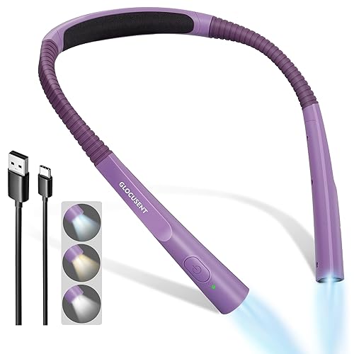Glocusent Upgraded LED Neck Reading Light, Book Light for Reading in Bed, 30-min Timer, 3 Colors & 3 Brightness Adjustable, Rechargeable & Long Lasting, Perfect for Knitting, Repairing & Camping - New Purple