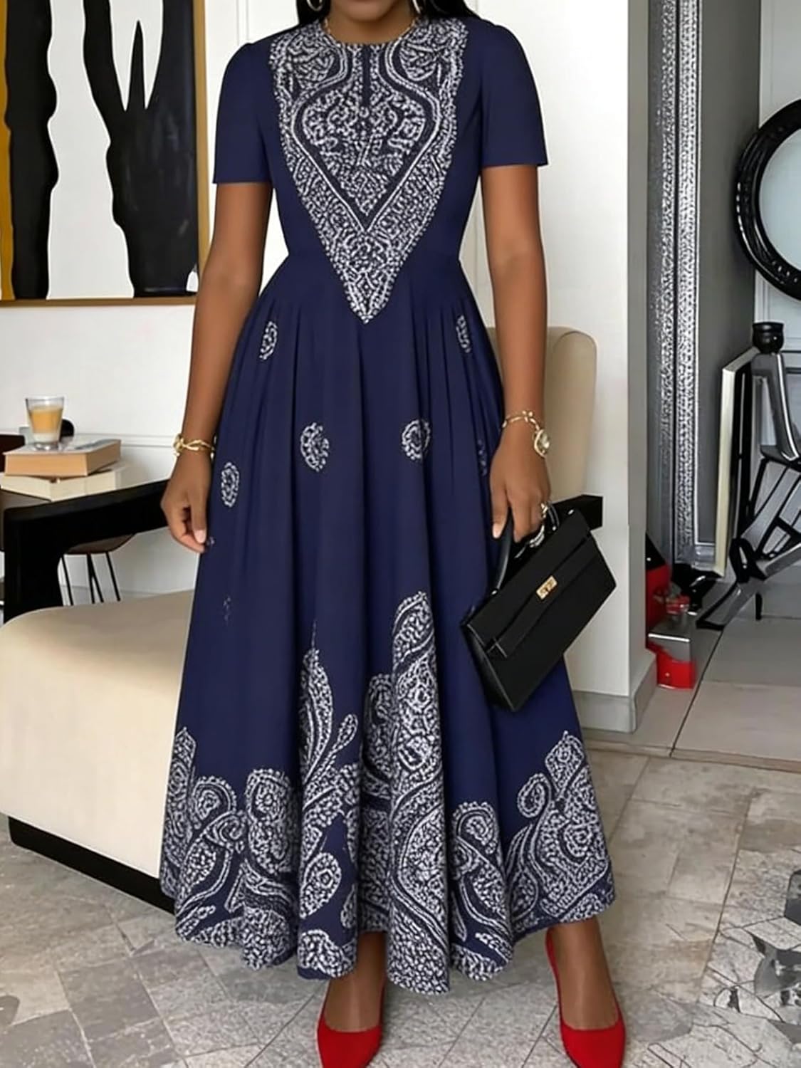 Women's Short Sleeve Maxi Dress Crew Neck Casual Beach Vacation Dress, Flowy Lightweight for Summer