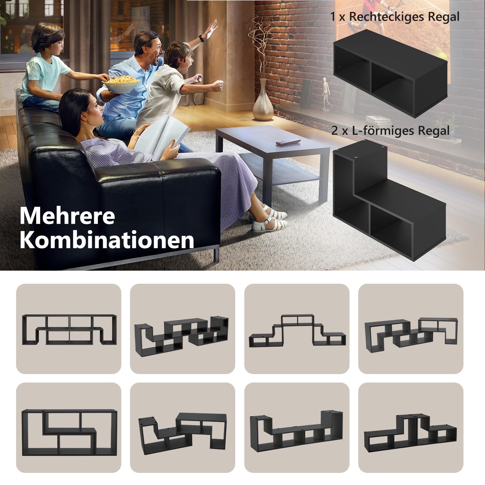 GIANTEX Fernsehschrank TV Schrank frei kombinierbar, Fernseher Regal Holz 180x30x43 cm, Sideboard TV Board Lowboard modular 3 teilig, Fernseher Schrank Fernsehtisch für 65 Zoll Fernseher, Schwarz