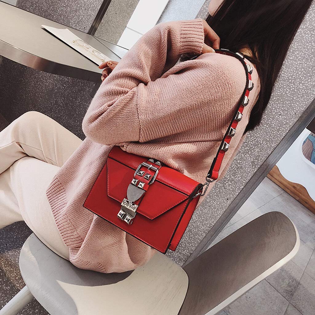 Shoulder Bags Women Rivet Bag Punk Ladies PU Leather Crossbody Bag Girl Fashion Shoulder-Bags Double Strap Messenger Bags (Color : RD, Size : S)
