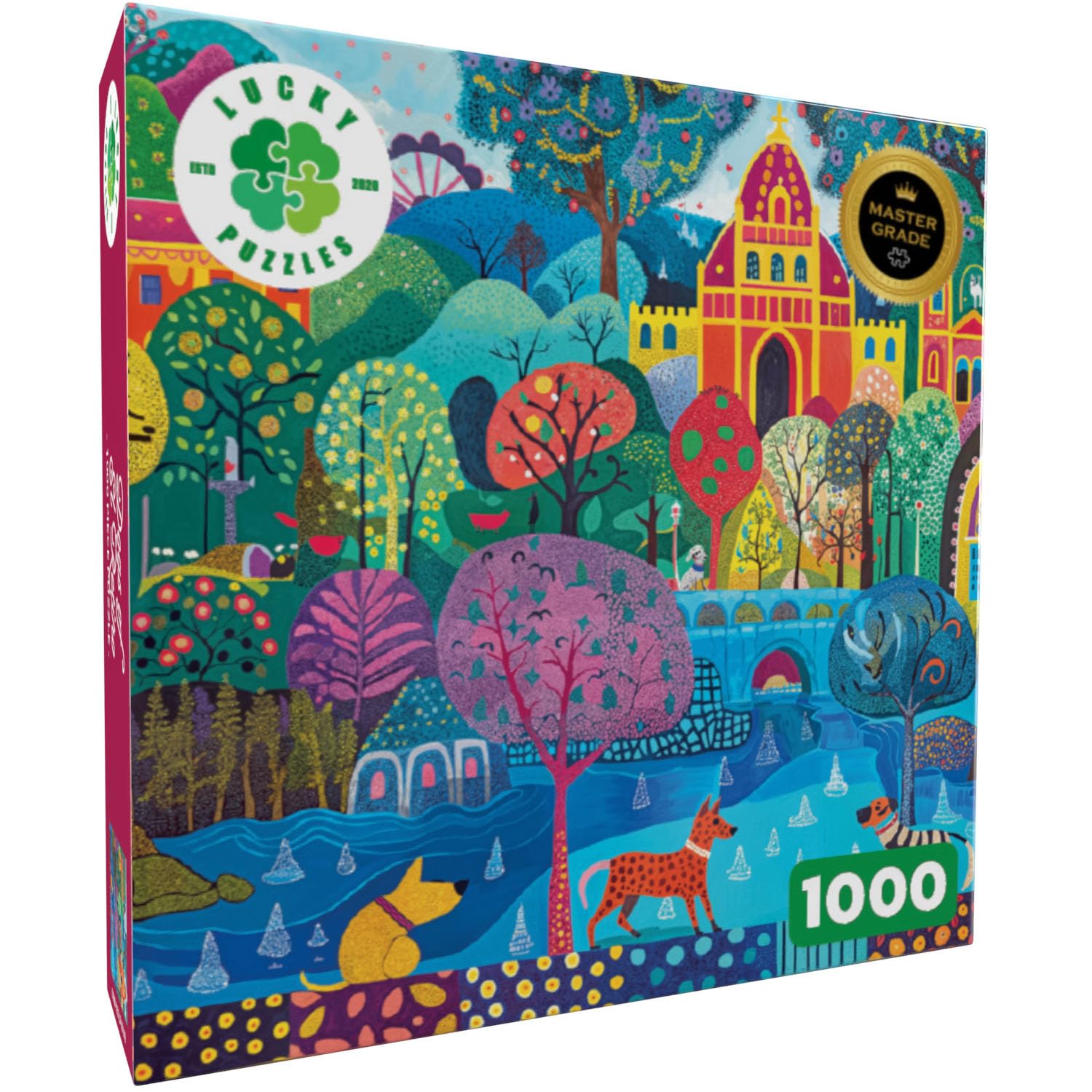 Lucky Puzzles – Dogs of El Retiro – 1000 Piece Jigsaw Puzzle for Adults | Colorful Folk Art Scene in Madrid’s El Retiro Park | Premium Puzzles for Adults 1000 Pieces | Eco-Friendly Materials