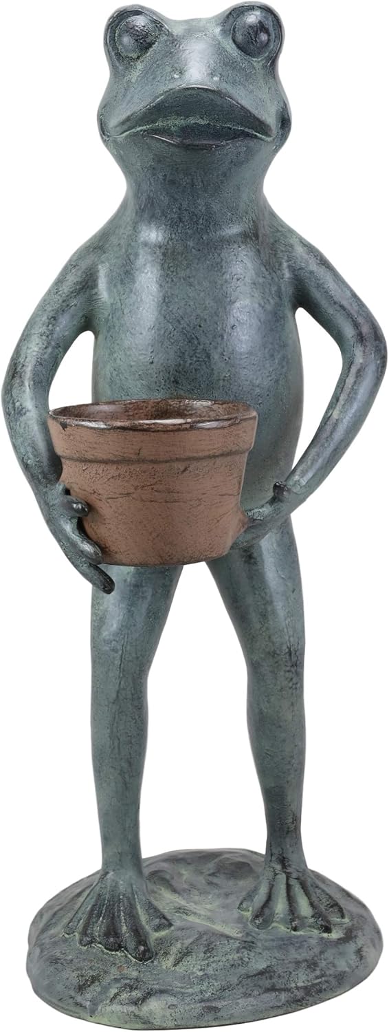 Ebros Gift 19 Tall Aluminum Metal Green Thumb Whimsical Gardening Frog Carrying A Planter Pot Garden Statue Frogs Spring Summer Pastime Patio Pool Pond Lawn Yard Decorative Rustic Sculpture Accent
