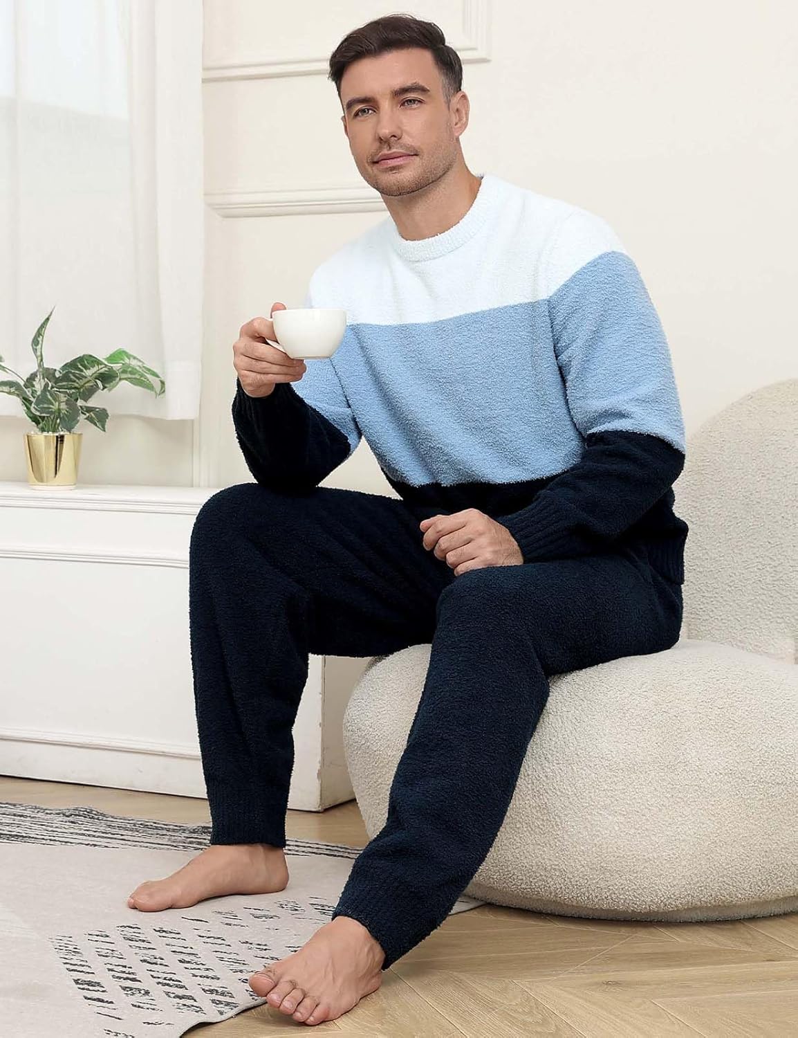 Mens Winter Pajamas Set Soft Warm Round Collar Long Sleeve Sleepwear Comfy Loungewear Pjs with Pockets - Image 7
