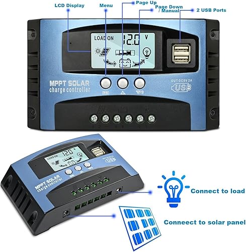 Miniatura 3 de Controlador de carga solar MPPT de 60 A, regulador inteligente de batería de panel solar de 12 V24 V con doble puerto USB, pantalla LCD y
