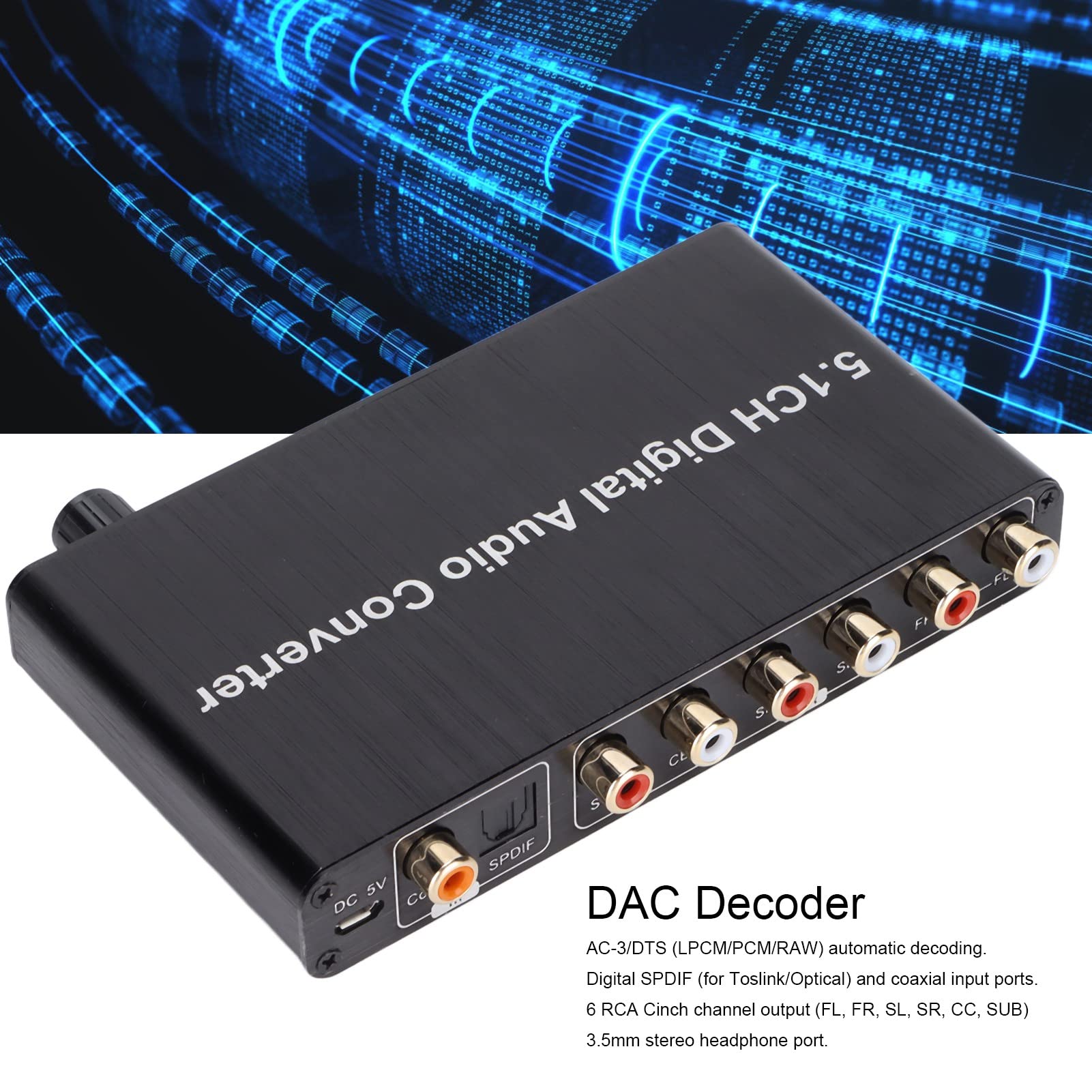 Decodificatore convertitore 192KHz 5.1CH, Cavo ottico digitale per Toslink a , Ottico a jack da 3,5 mm, 2 Convertitore da digitale ad analogico in modalità per per