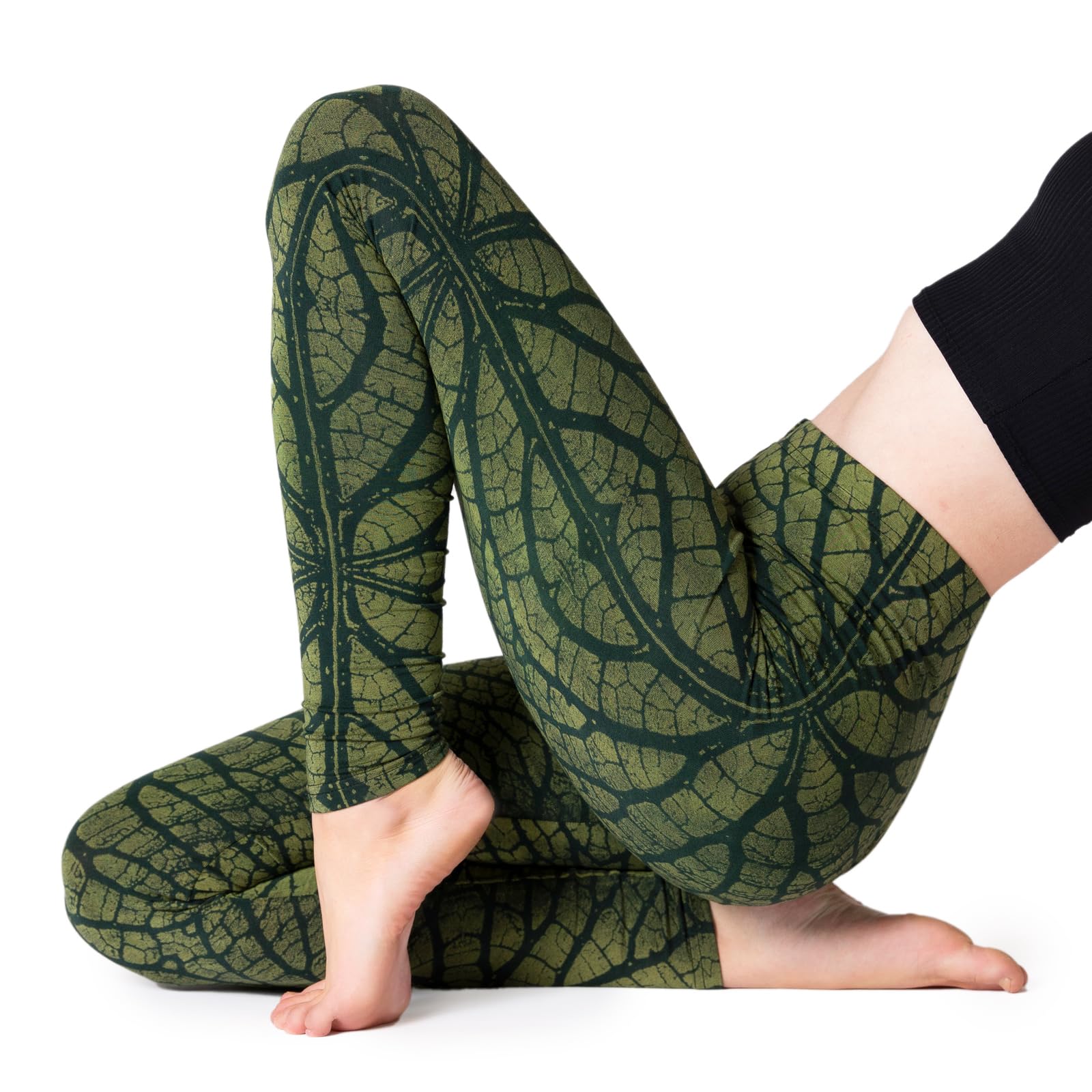 PANASIAM Batik Leggings Liści damskie - legginsy ze strukturą liścia - Do jogi, sportowe, fitnessu - naturalny materiał - wygodny - sportowy - modny
