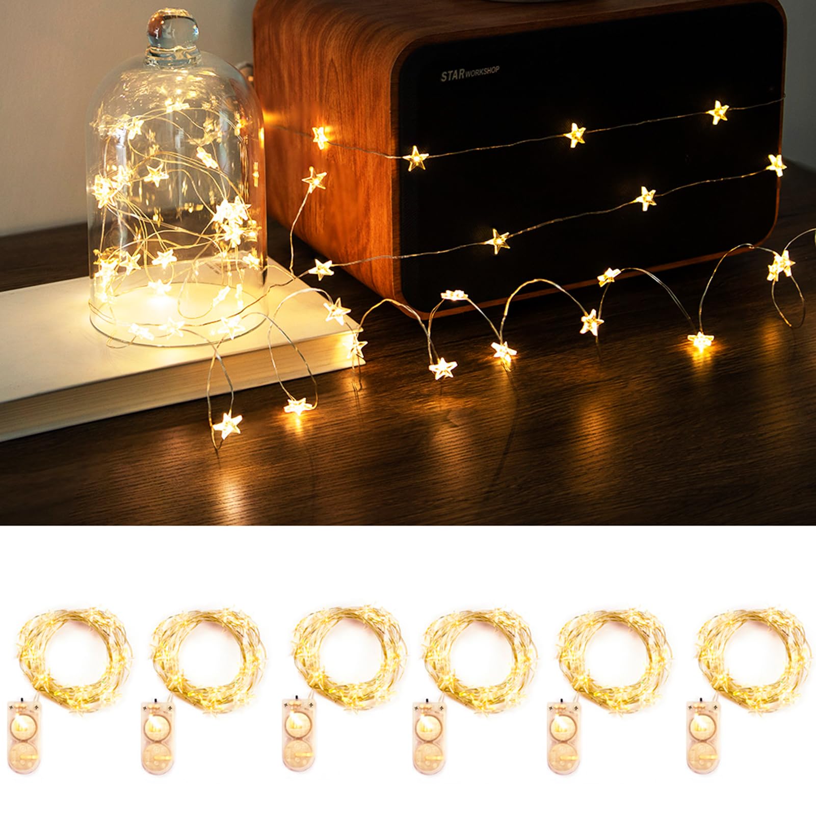 ZELUXDOT 6 Packs 6.6ft 20 LEDs Star Fairy Lights Battery Operated,Mini Star String Lights,Waterproof Twinkle Starry Light for DIY Bottle Table Christmas Ramadan Wedding Halloween Decor,Warm White
