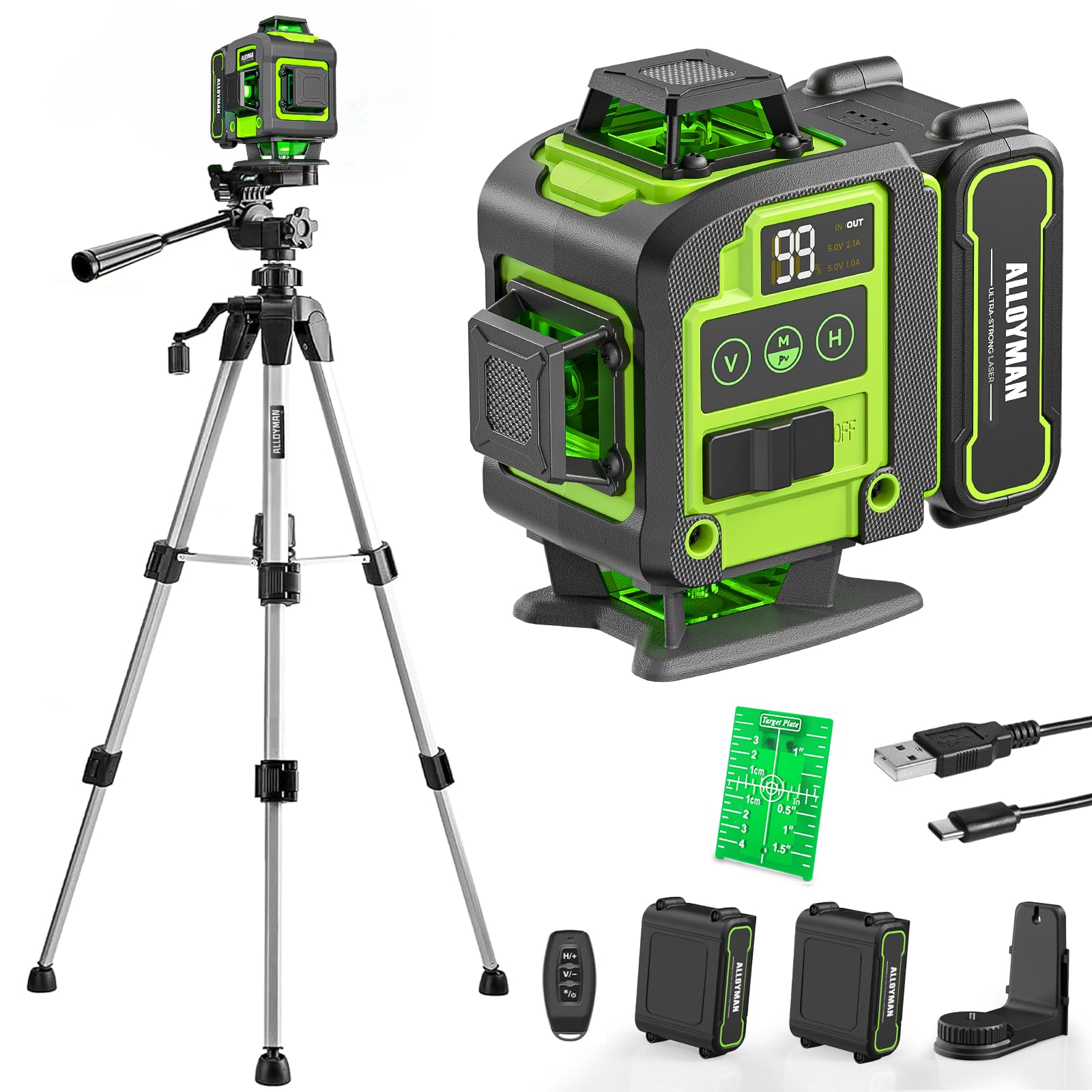 Laser Level with Tripod, Alloyman 4x360° Self Leveling Laser Level, Green Line Laser 4D Laser Leveler Tool with 2Pcs Lithium Batteries for Picture Hanging, Tile, Home Renovation, Indoor(Green)
