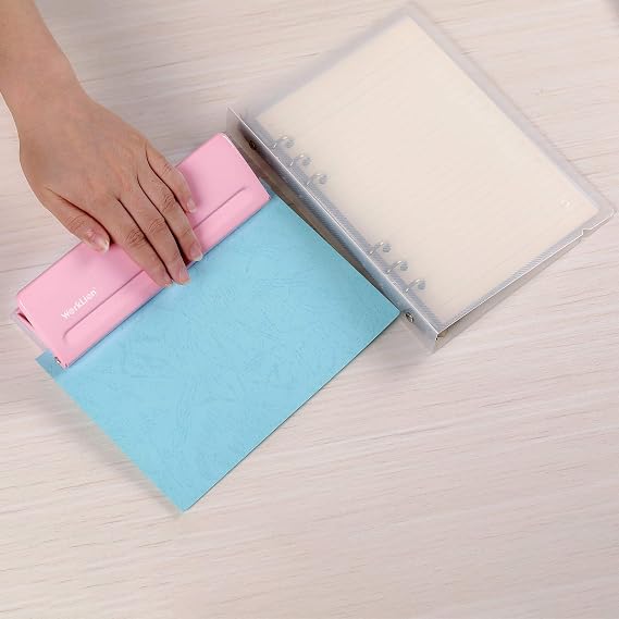 WORKLION Six Hole Punch: Paper Size Guide with Duster Cover for Binder Notebooks, A4/A5/B5 Size/Bible Size/Mini Size, Adjustable, Horizontal Gauge, Loose Leaf Punch Pink