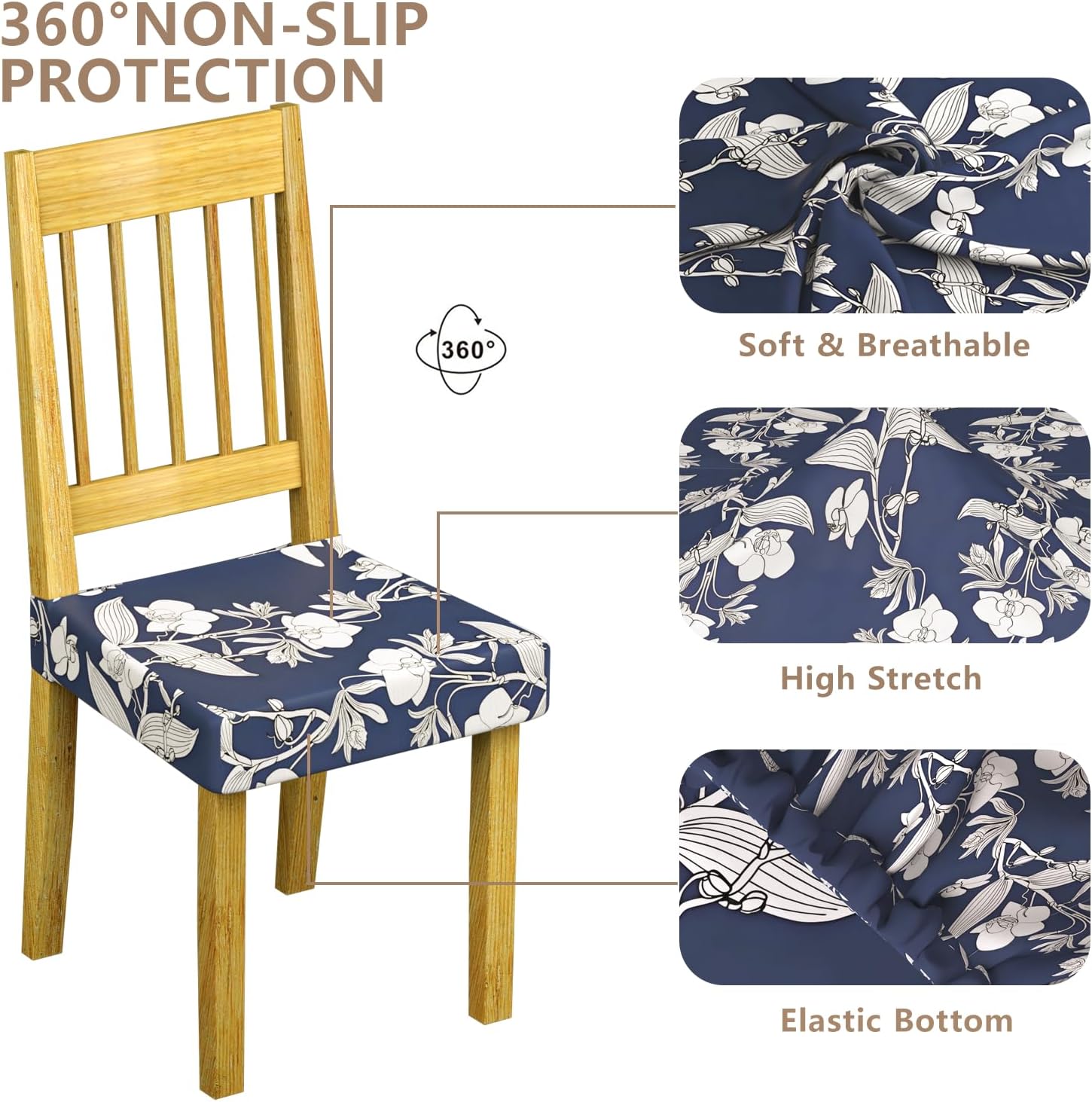 Chair Seat Covers Dining Room Set of 6,Soft Printed Patterned Stretch Non Slip Removable Washable Dining Seat Cover Protector Cover for Home Hotel Banquet Wedding Party (Dark Navy White Orchid Leaf)