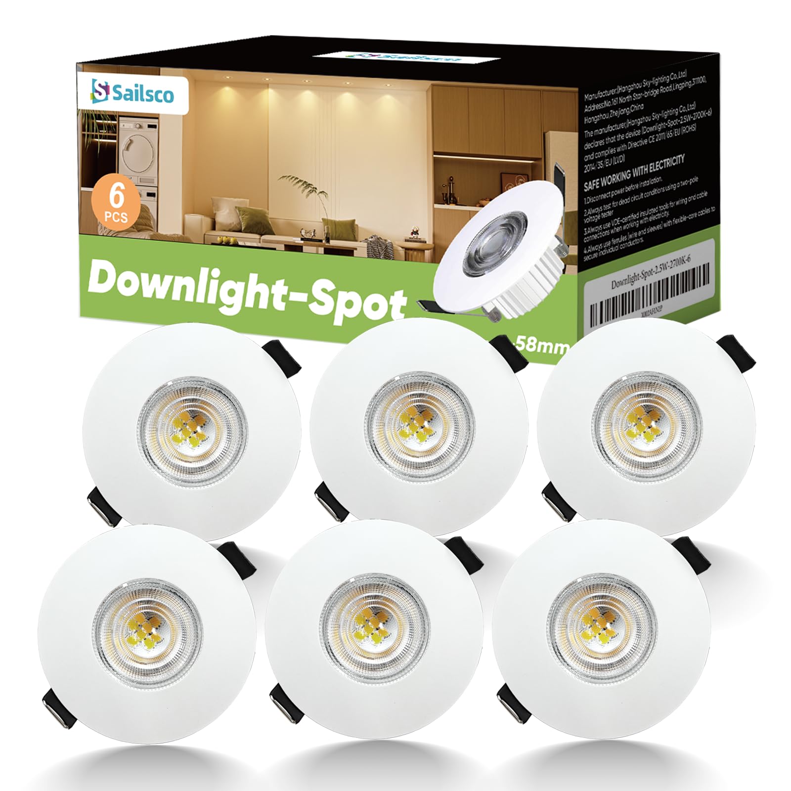 Class A Recessed LED Ceiling Lamp Spotlight 68 mm, 2.5 W Equivalent 64 W, 450 LM 2700 K Warm White 230 V Recessed Ceiling Spotlights, 38° Beam Angle, Non-Dimmable, Pack of 6