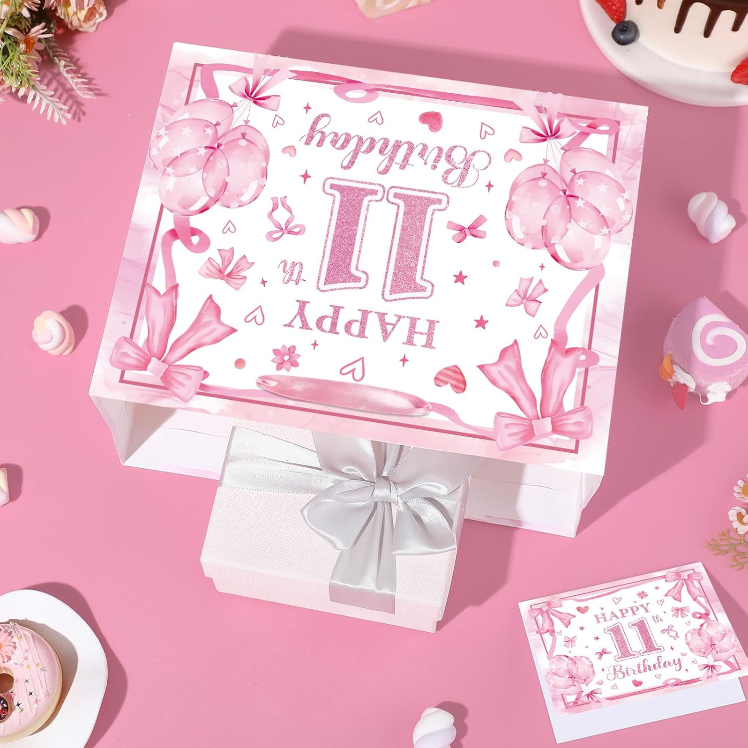 Large 11th Birthday Gift Bag for Girls Pink Bow 11 Year Old Gift Bags with Wrapping Paper and Greeting Card Happy 11th Birthday Party Favor Bag for Girls Eleven Years Old Gifts Decorations Supplies - Image 7