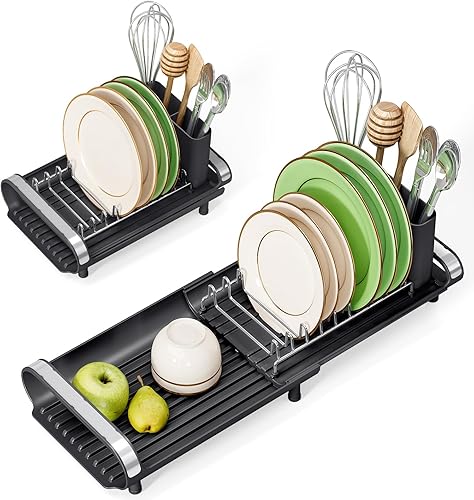 Miniatura 11 de TOOLF Escurridor de platos pequeño, mini escurridor compacto expandible, escurridor de platos delgado y extensible de acero inoxidable para