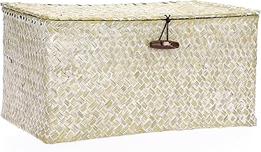 IGNPION - Wicker Storage Basket with Lid, Wicker Woven Desk Basket, Rectangular Bathroom Organizer, Decorative Under Shelf Storage Box for Living Room, Storage Basket