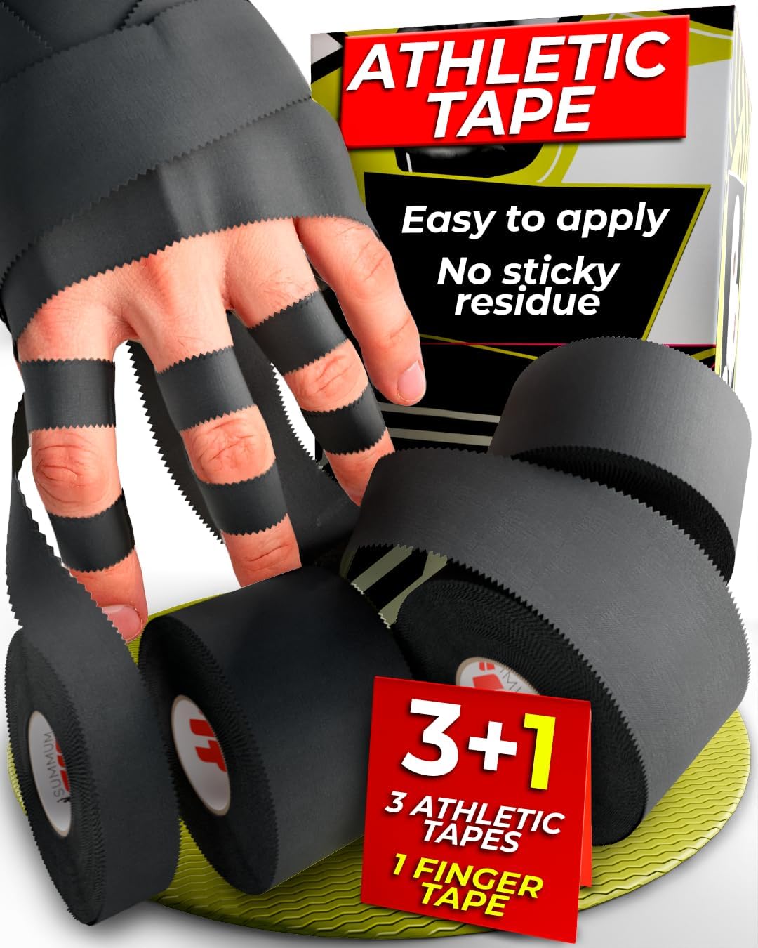 Black Athletic Tape Extremely Strong: 3 Rolls + 1 Finger Roll. Easy to Apply & No Residue. Sports Tape Athletic for Boxing Football Climbing or Gymnastics for Wrist Ankle & Hand Protection