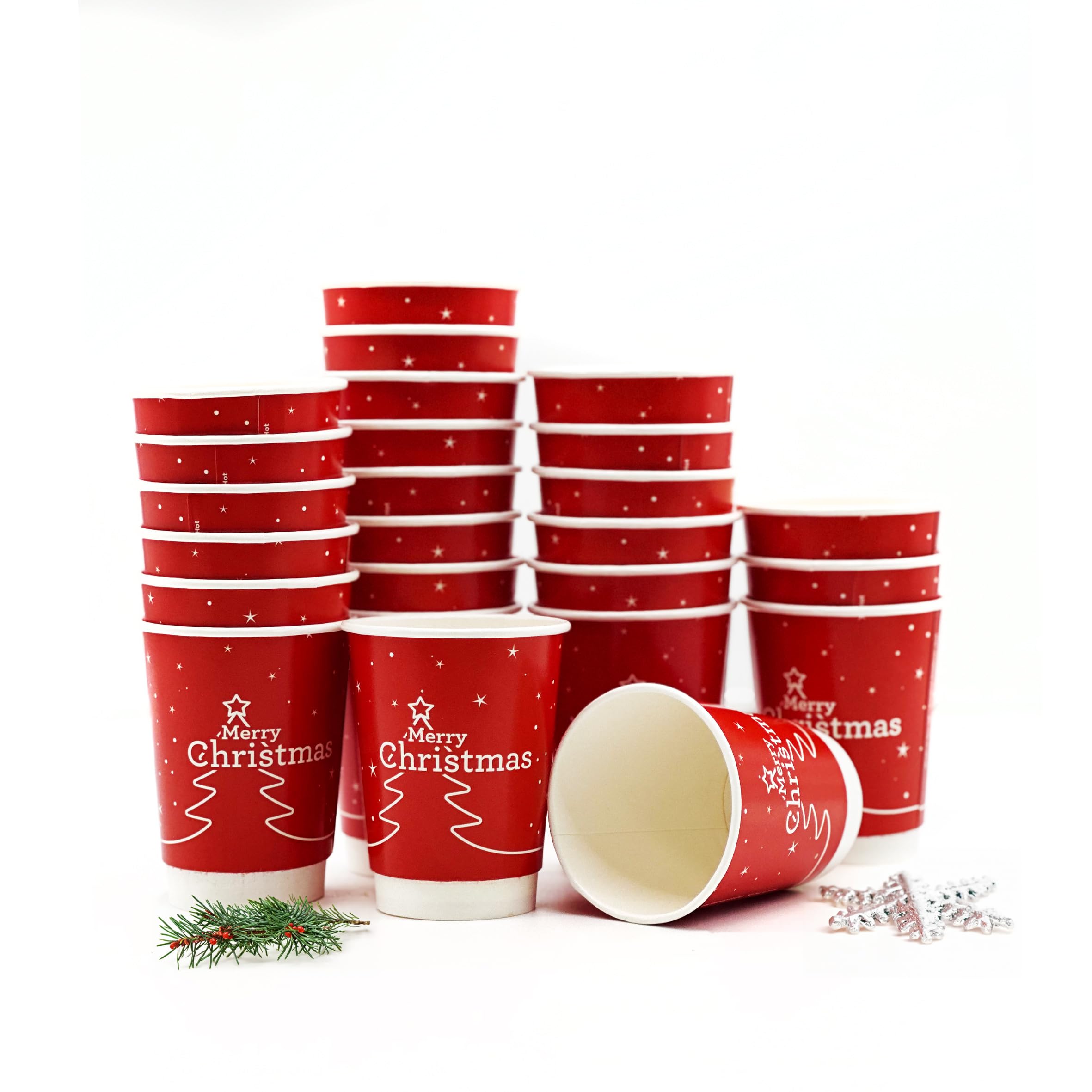 Nicoman Christmas Paper Cups 8oz with Tree Design, Disposable Hot Beverage Cups (Cups 8oz, Pack of 50)