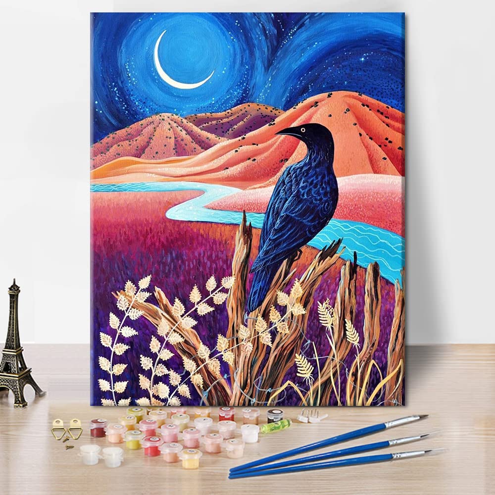 TISHIRON Paint by Numbers for Adults, Moon and Crow Paint by Numbers, Colorful Abstract Landscape Painting, Bird Paint by Numbers for Wall Decor Acrylic Painting Kit - Frameless, 16x20 Inch