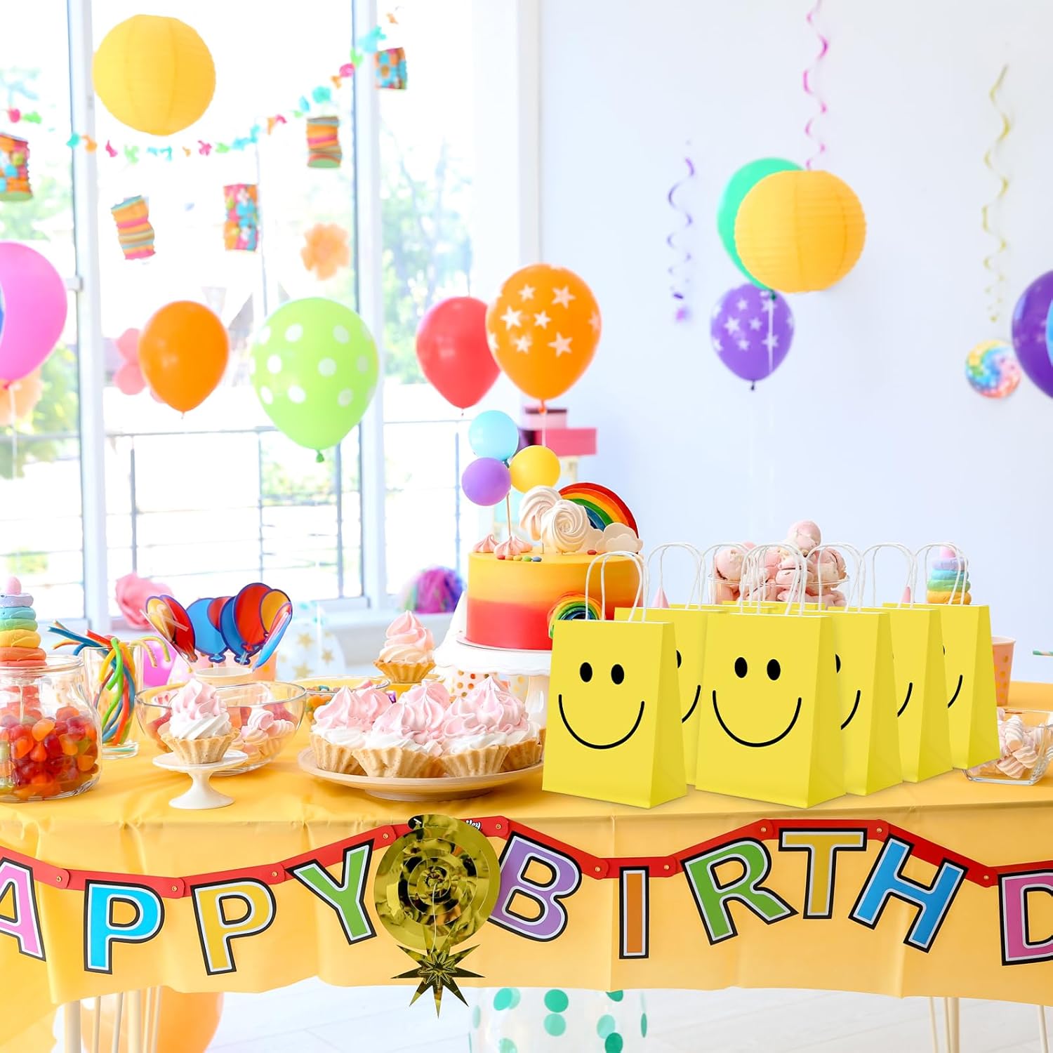 Kosiz 50 Sets Smile Face Gift Bags Yellow Bags with Handles Baby Shower Goodies Face Paper Bag with Tissue Valentines Day Gift for Kid Student Birthday Weddings Party Favor