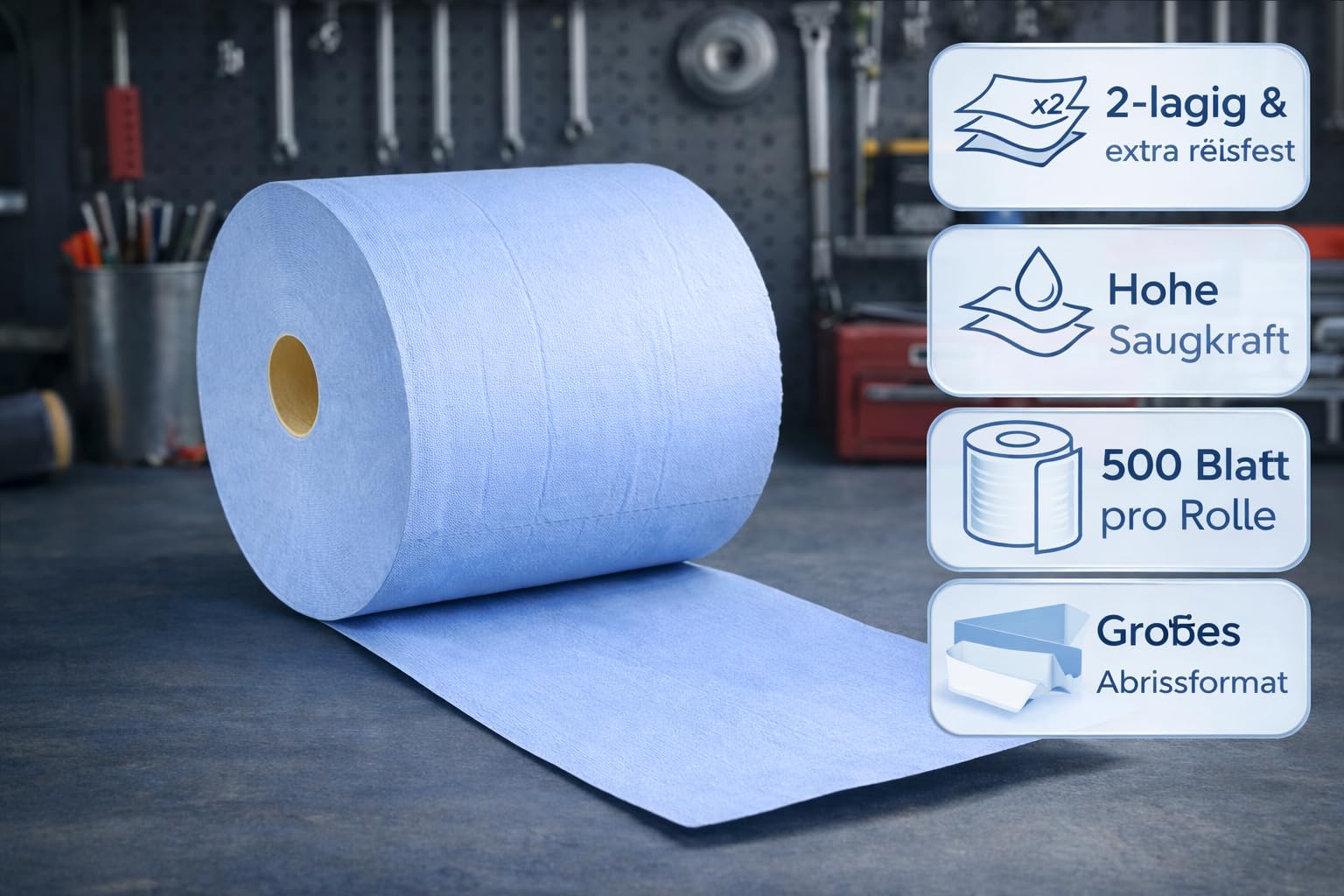 Putzrollen Blau 2-lagig – 2 Rollen à 500 Blatt (1000 Blatt), 36 x 36,5 cm, Industrie Papierwischtücher, saugstark & reißfest, Werkstatt & Gastronomie