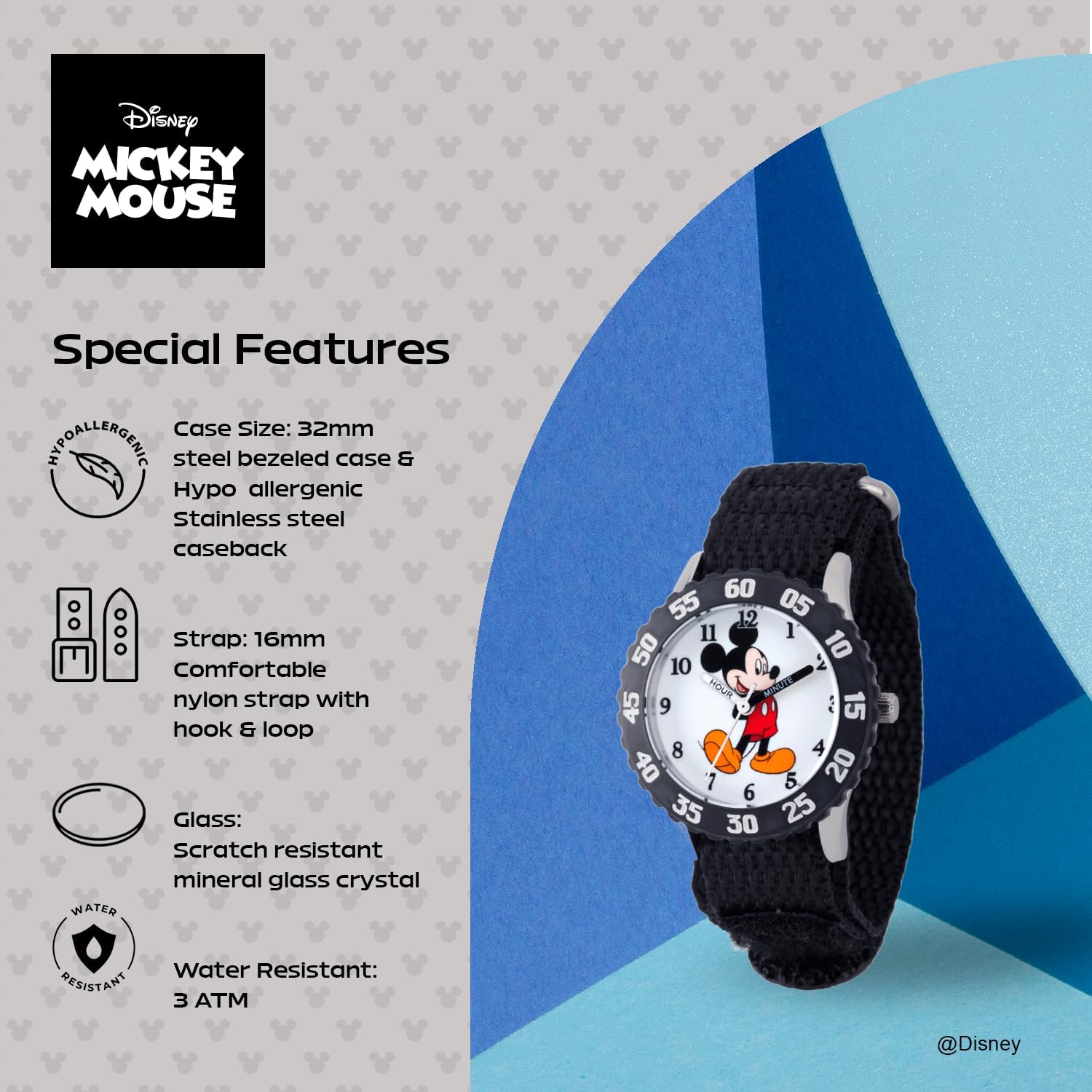 Disney Mickey Mouse Kids' Bezel Stainless Steel Time Teacher Analog Nylon Strap Watch