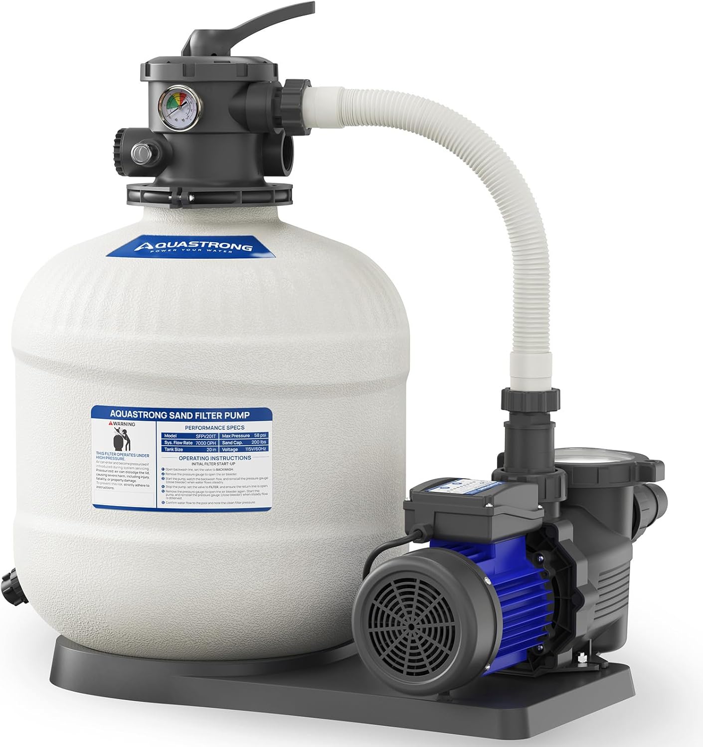 AQUASTRONG 20in Sand Filter Pump Above Ground Pool: 2HP, 8917 GPH, Timer, 6-Way Valve for 38K Gal Pools