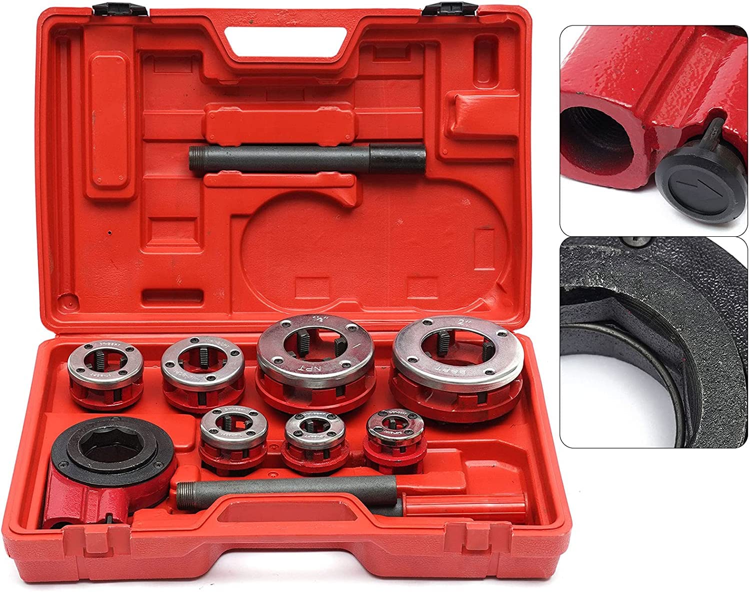 Futchoy BSTP Pipe Threader Ratchet Type Kit 3/8", 1/2", 3/4",1", 1-1/4", 1-1/2", and 2" Handheld Pipe Cutter Pipe Threader Tool Set 3/8" to 2" Dies (7 Size)