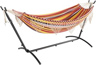 Mondeer Hängematte mit Gestell für 2 Personen - Verstellbare Doppelhängematte im Boho-Stil mit Getränkehalter & robustem Eisengestell, für Terrasse, Garten und Hof, Rot