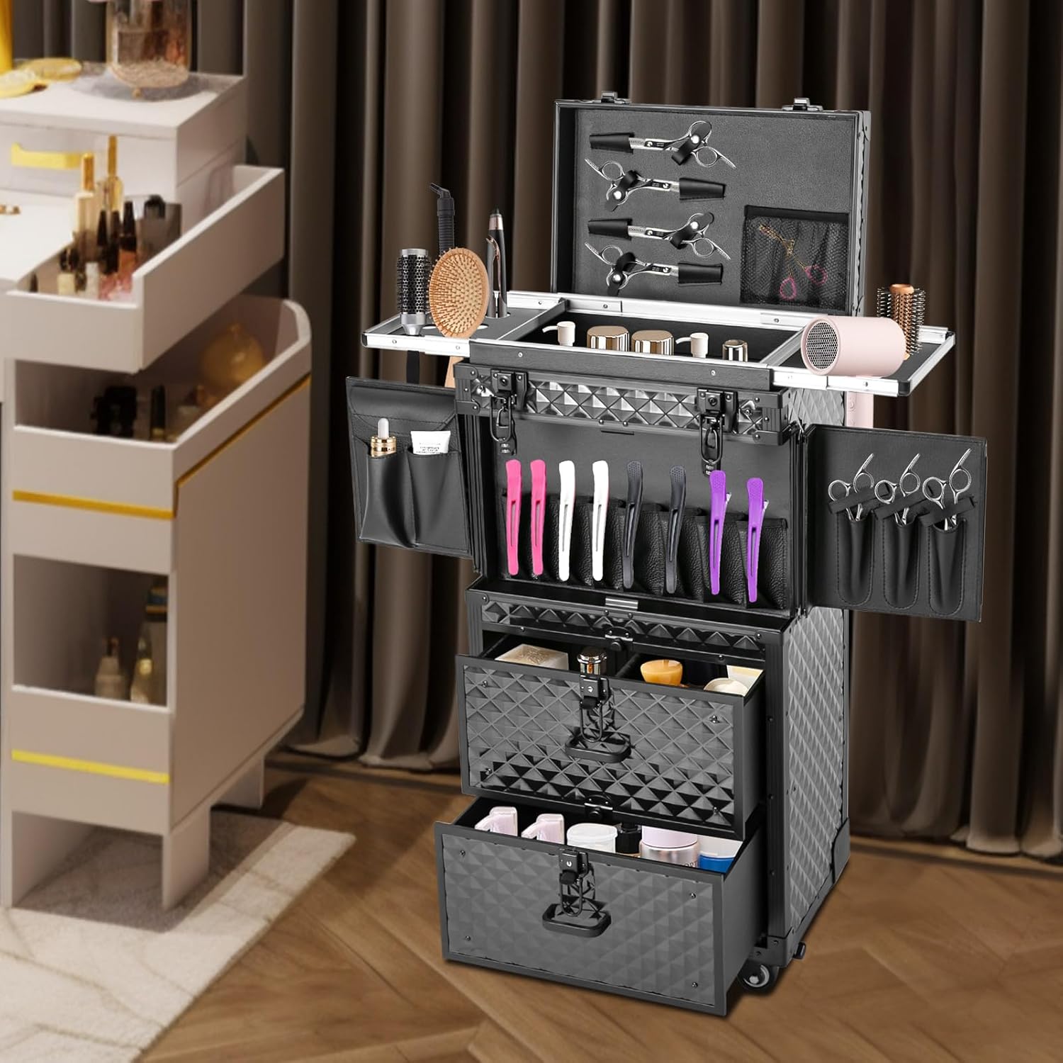 Professional Rolling Lockable Makeup Train Case on Wheels, Hairdressing Trolley Stylist Beauty Salon Cosmetic Luggage Travel Organizer Tool Box for Make-Up Artist, Hairstylist, Nail Artist