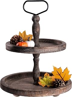 Mustry Rustic Wooden 2 Tiered Tray, Round Farmhouse Kitchen Table Decor Serving Tier Tray, Food Fruits Cupcake Display Coffee Bar Home Party Seasonal Decorations (Brown)