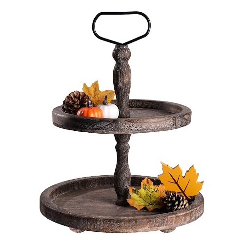 Mustry Rustic Wooden 2 Tiered Tray, Round Farmhouse Kitchen Table