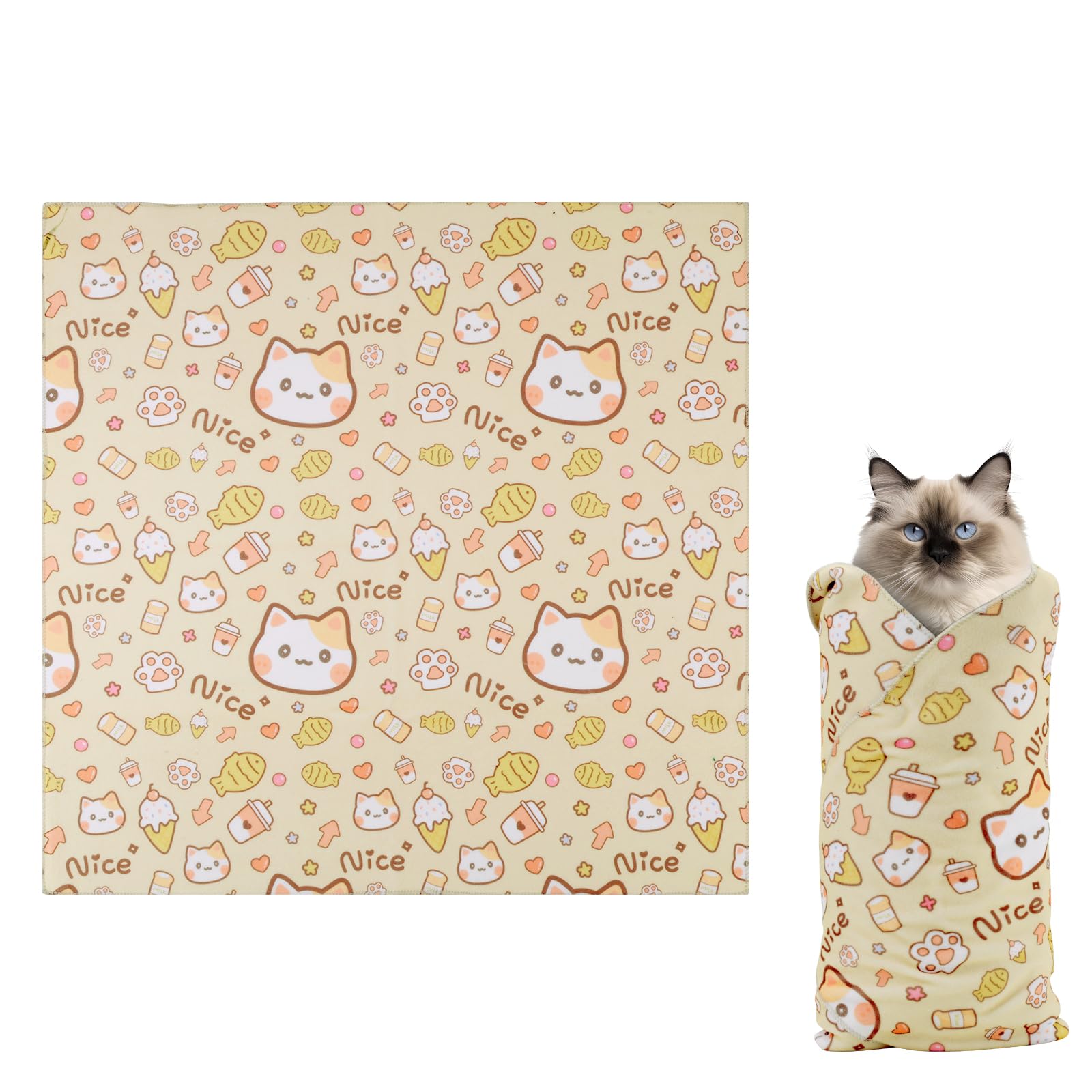 BOXOB Envoltura para el Cuidado de Gatos, 55x55 cm Autoadherente Manta de Sujeción para Gatos para Cortar Uñas Manta para Envolver a Gatos Envoltura Tipo Burrito para Gatos (Estilo Gato Naranja)