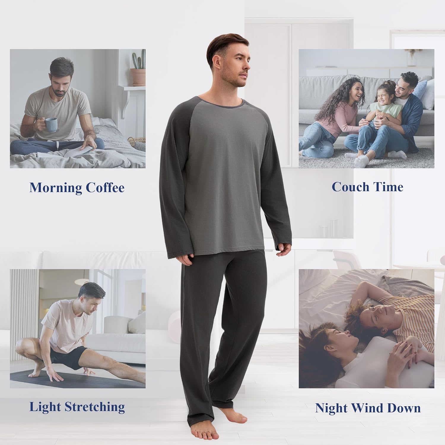 Mens Pajamas Set Comfy Pj Sets Long Sleeve Pajamas Cotton 2-Piece Loungewear Nightwear with Pockets - Image 6