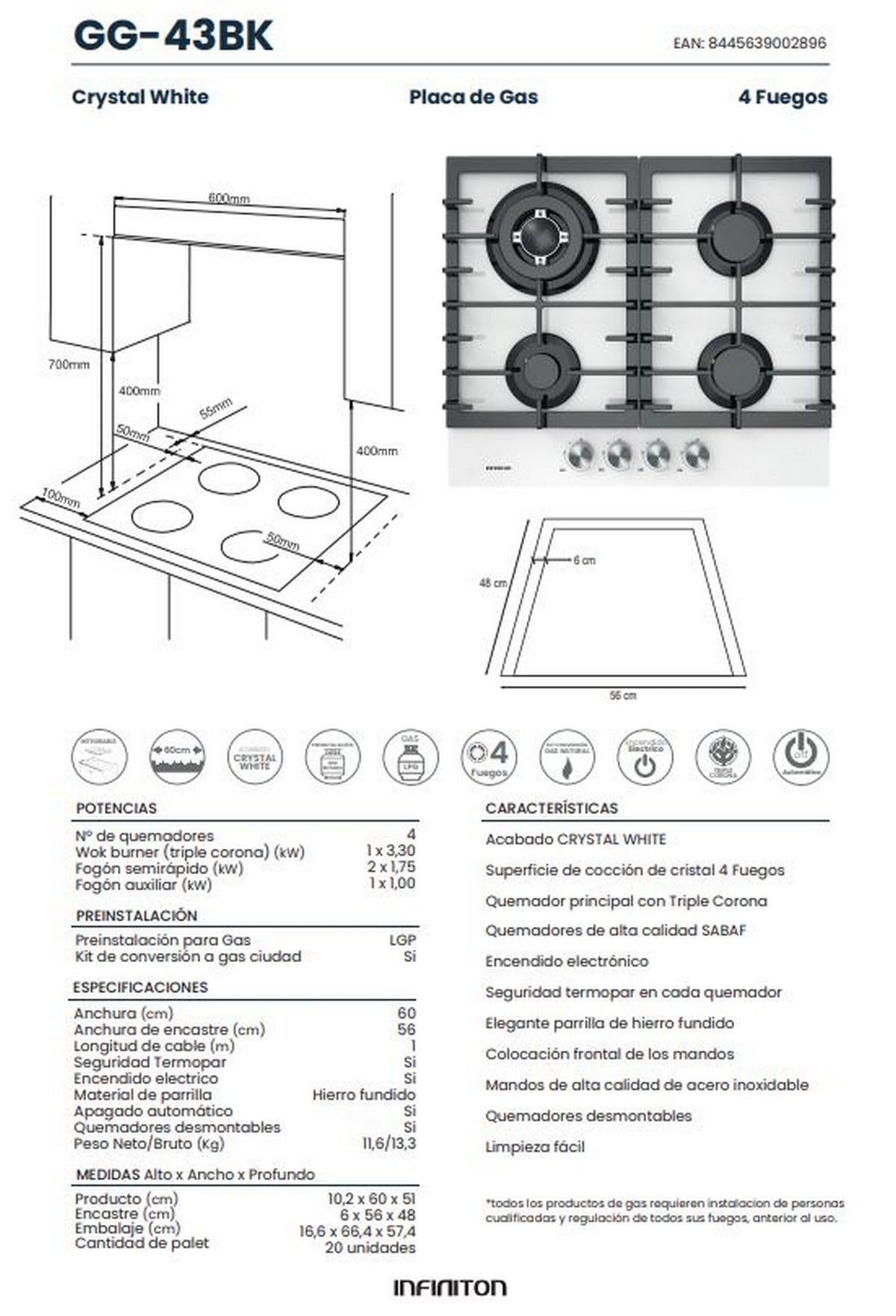 INFINITON Placa de Gas GG-43BK, 4 Fuegos, Ancho 60 cm, Acabado en Crystal White, Encendido Electrico, Compatible con Gas Butano/Propano y Gás Natural