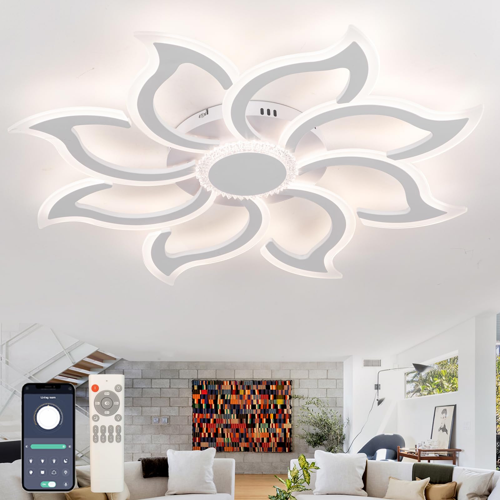 QINGYING 90cm Dimmable Ceiling Lights Flower,LED Light Fittings Ceilings with Remote APP, Smart Ceiling Lamp with Memory Function Lighting Fixture for Living Room Bedroom Kitchen Office-White — image 1