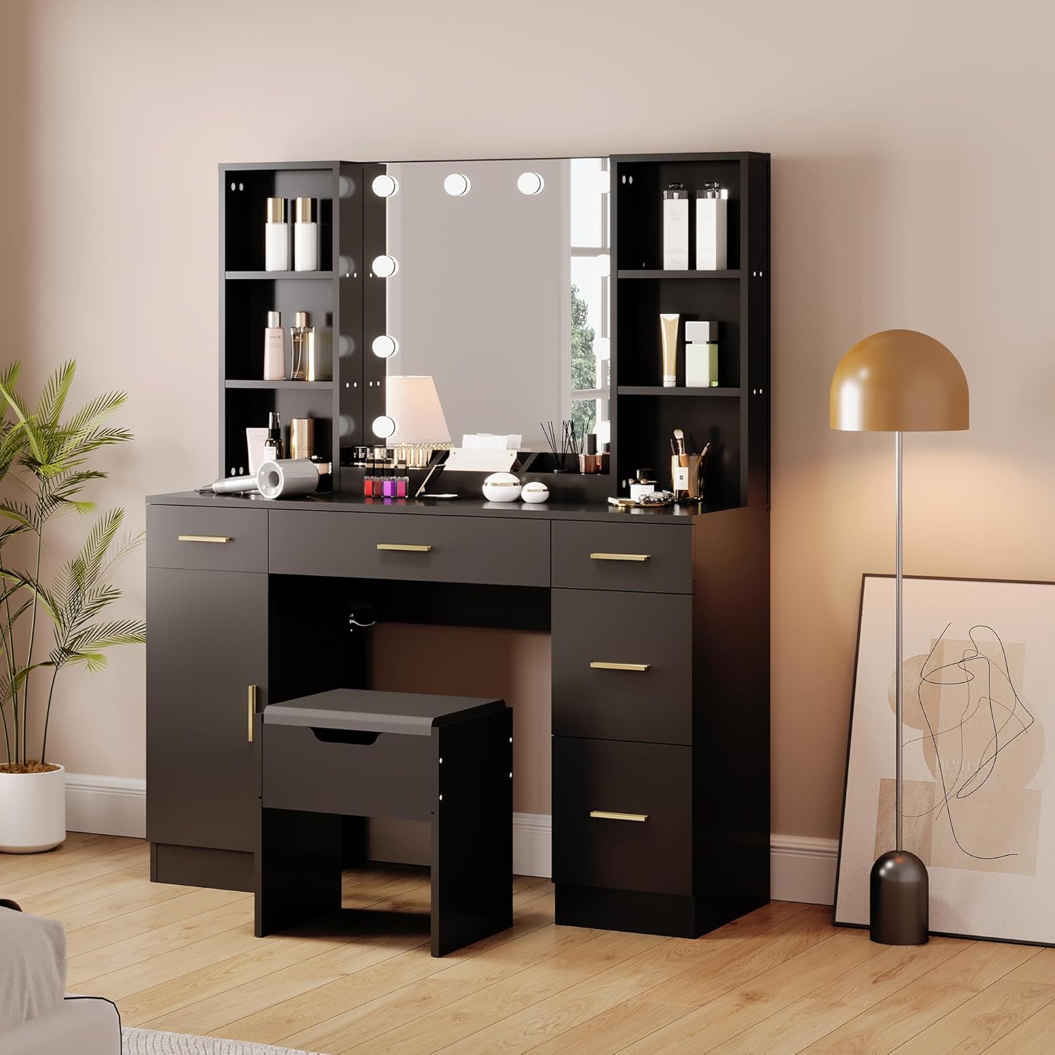 Garvee Farmhouse Vanity Set with Lighted Mirror,56 in Modern Makeup Vanity with Charging Station&Storage Shelves,Bedroom Dressing Table for Women& Girls,3 Lighting Modes,Brightness Adjustable（Black