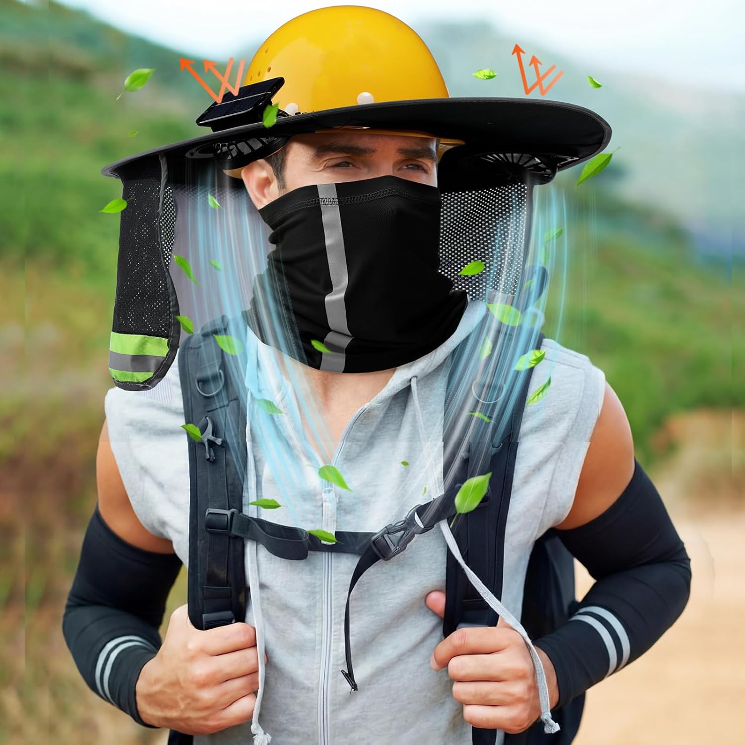 1 Set Sun Hard Hat Shade Full Brim Hard Hat Sun Visor with Solar Fans and Neck Sunshade Cover UV Reflective Strap Arm Sleeves Summer Protection Accessories
