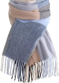 Trifabricy Women's Cozy Plaid Blanket Scarf - Soft Long Acrylic Shawl Wrap for Winter Fall Warmth (Blue Beige)
