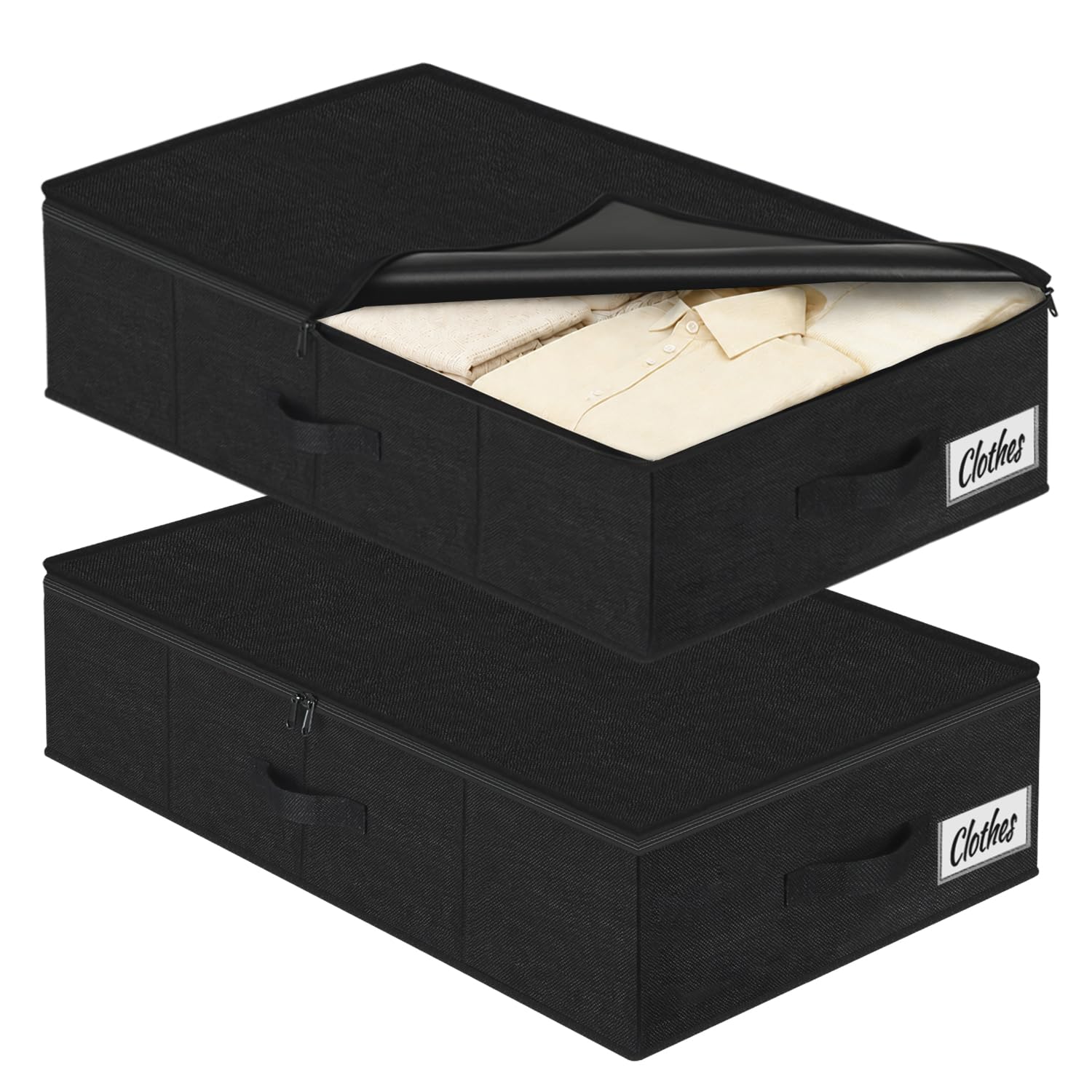 17 cm Tall Underbed Storage Boxes with Lids, 50L Foldable Under Bed & Sofa Storage with Rigid Sides, Base & 3 Sturdy Handles, Waterproof Fabric Organiser for Clothes, Blankets & Shoes, 2 Pack, Black