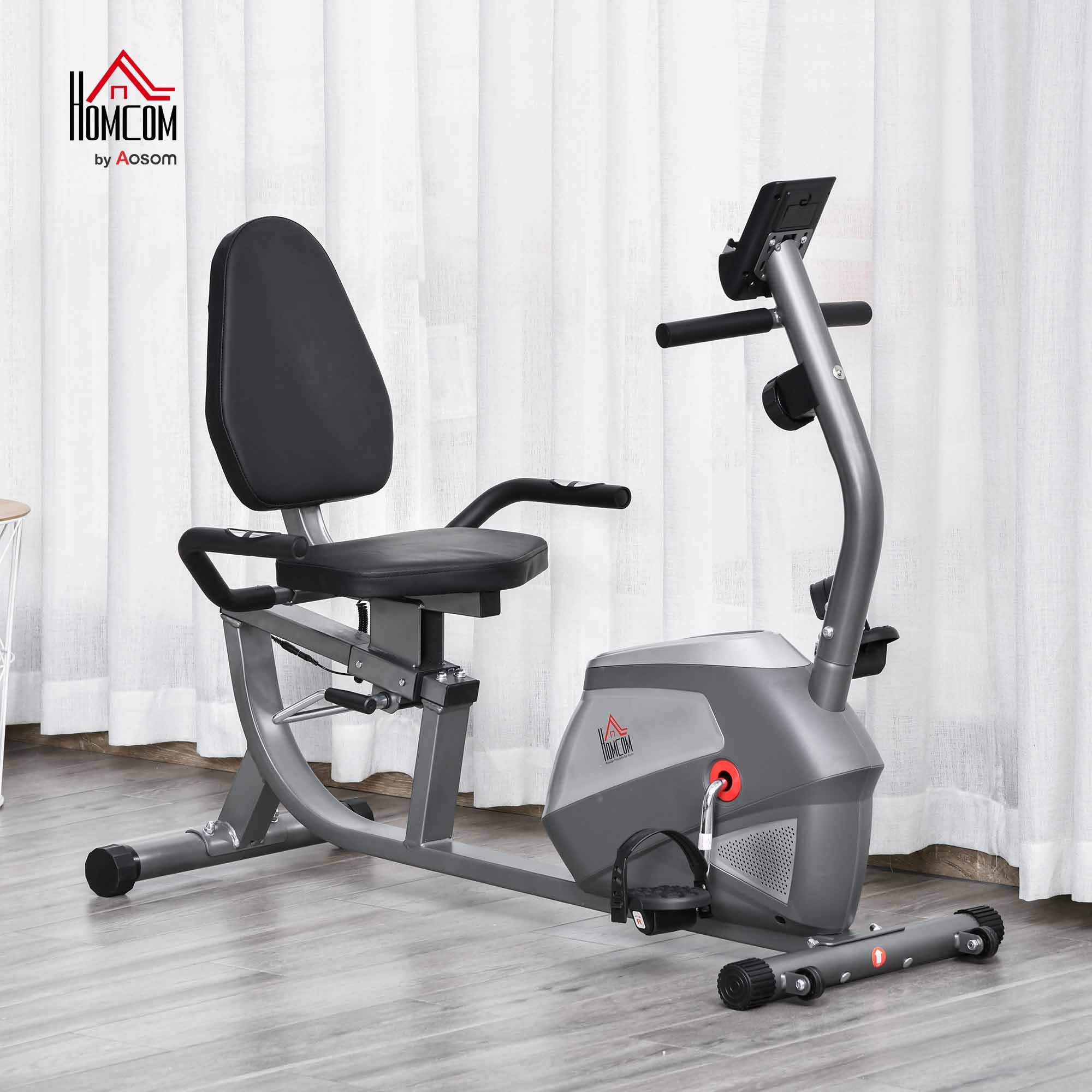 HOMCOM rower treningowy trenażer rowerowy koło zamachowe z 8-stopniową regulacją oporu magnetycznego regulowana długość opór magnetyczny koła metal ABS kolor szary + srebrny 136 x 62,5 x 38 cm