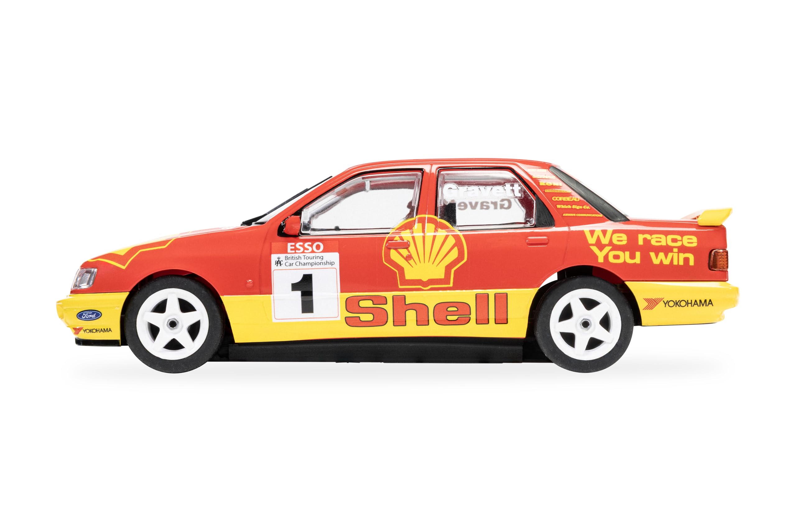 Scalextric C4632 Ford Sierra Sapphire Slot Car, BTCC 1990 Rob Gravett, Escala 1:32, Livera roja y Amarilla, con Luces y magnatracción